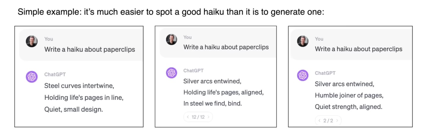 An example showing how it&rsquo;s easier to compare two haikus than to generate one.