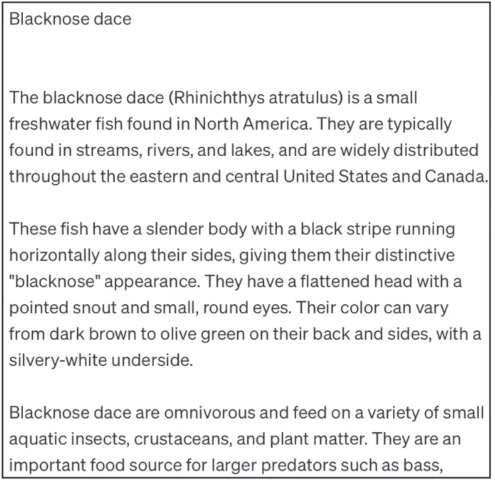 An example of an LLM hallucinating a description of a &ldquo;Blacknose dace.&rdquo;